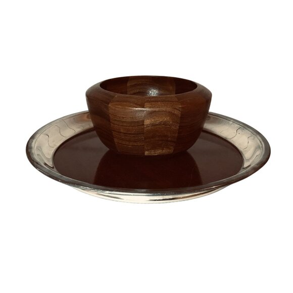 MCM Round Wooden Tray With Silver-Plated Rim By F.B. Rogers Silver Co. 9" - Picture 6 of 8